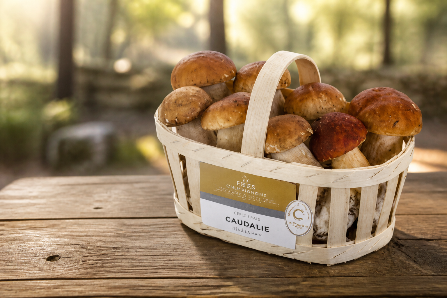 Panier commercial de cèpes frais cueillis en forêt privée en Dordogne