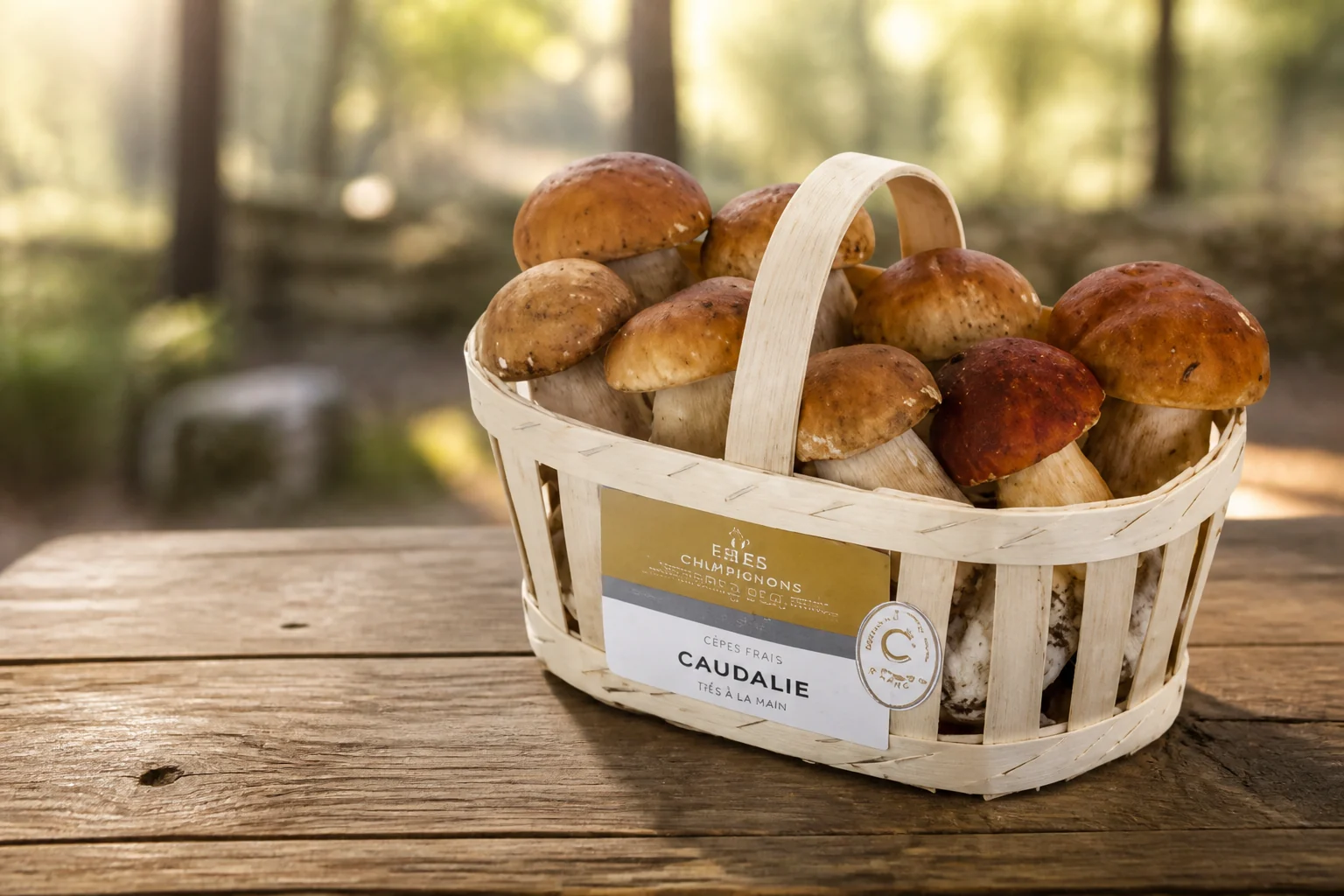 Panier commercial de cèpes frais cueillis en forêt privée en Dordogne