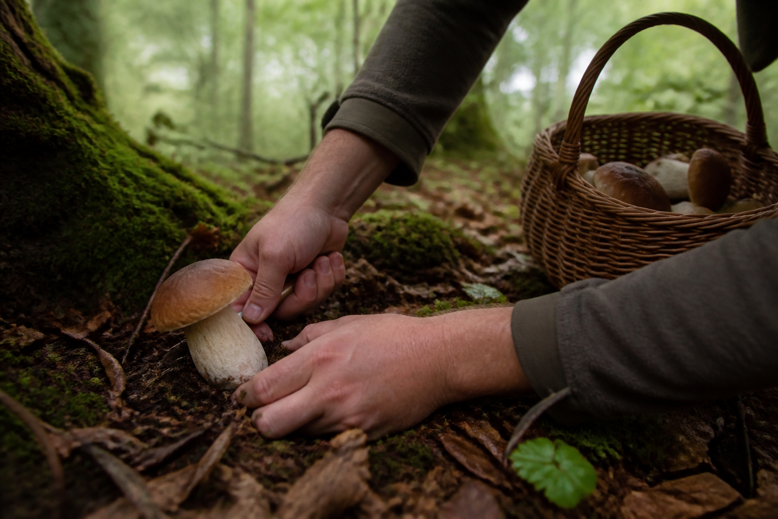 Cueillette manuelle de cèpes dans notre forêt privée en Dordogne